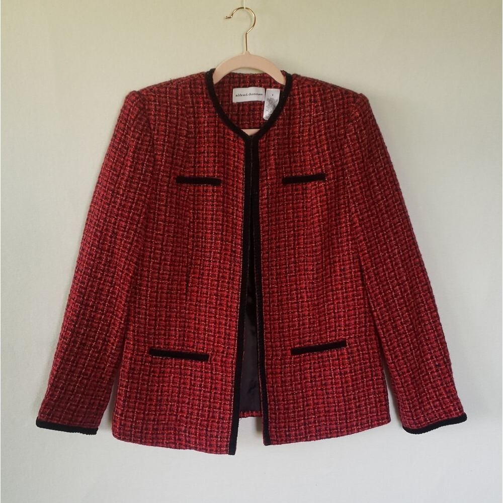Alfred Dunner Red Tweed Blazer, Pockets, Fully Lined, Long Sleeve, Black Trim